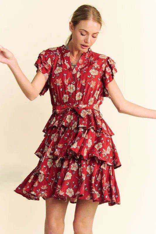 Davi & Dani - Ruffled Tiered Mini Dress – Crimson Floral