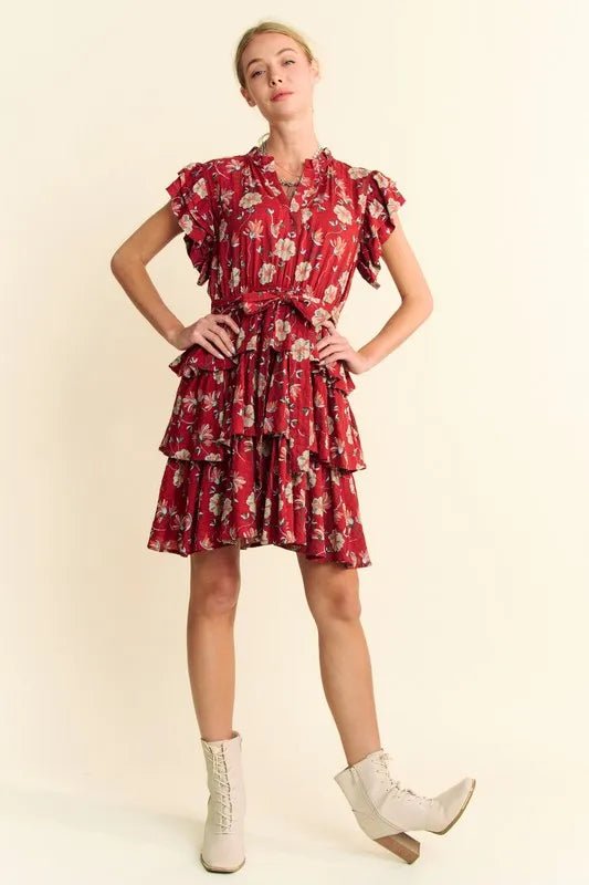 Davi & Dani - Ruffled Tiered Mini Dress – Crimson Floral