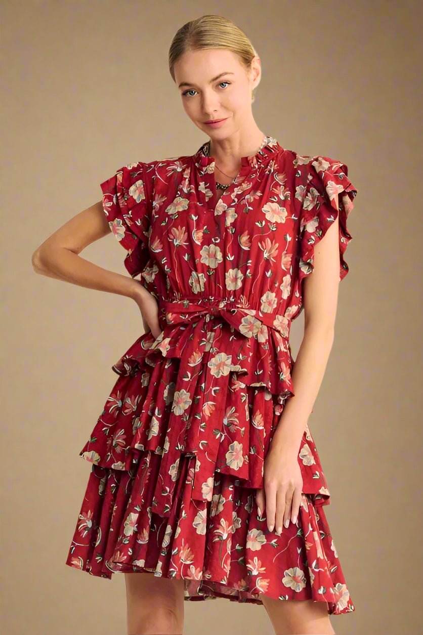 Davi & Dani - Ruffled Tiered Mini Dress – Crimson Floral