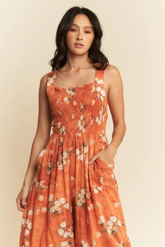 Davi & Dani - Rust Floral Smocked Jumpsuit with Pockets