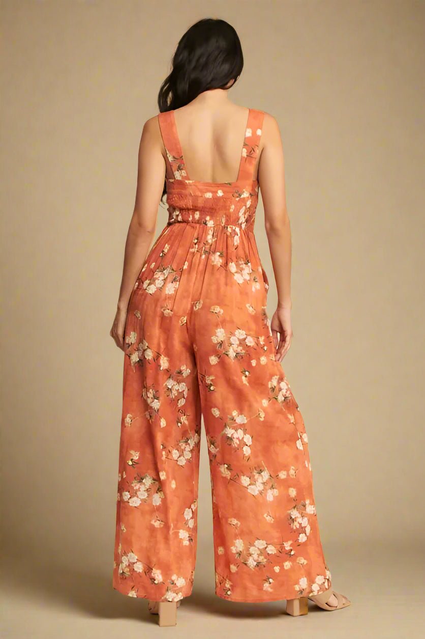 Davi & Dani - Rust Floral Smocked Jumpsuit with Pockets