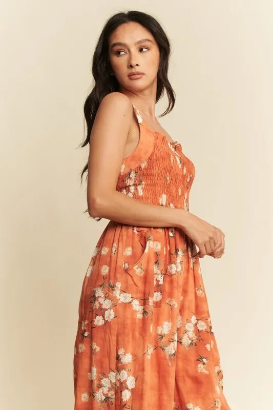 Davi & Dani - Rust Floral Smocked Jumpsuit with Pockets