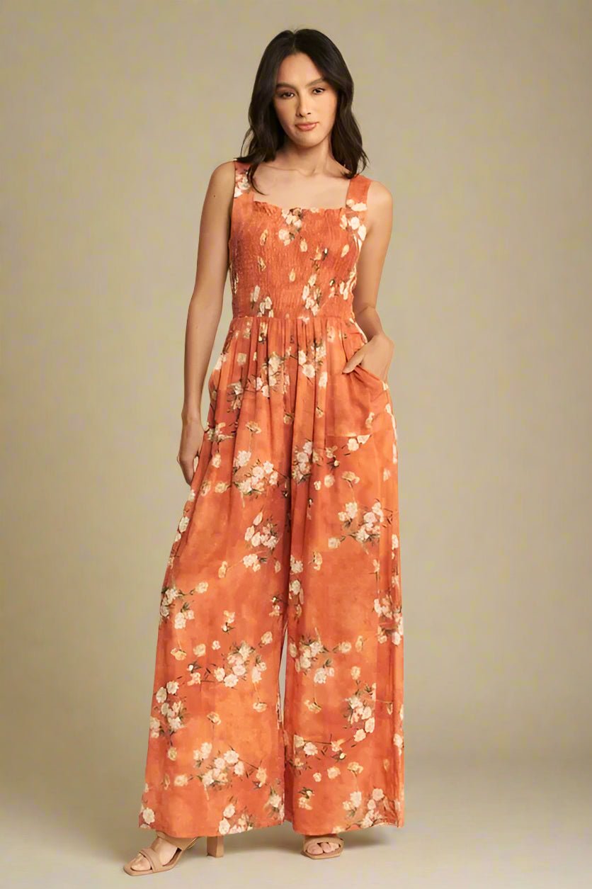 Davi & Dani - Rust Floral Smocked Jumpsuit with Pockets