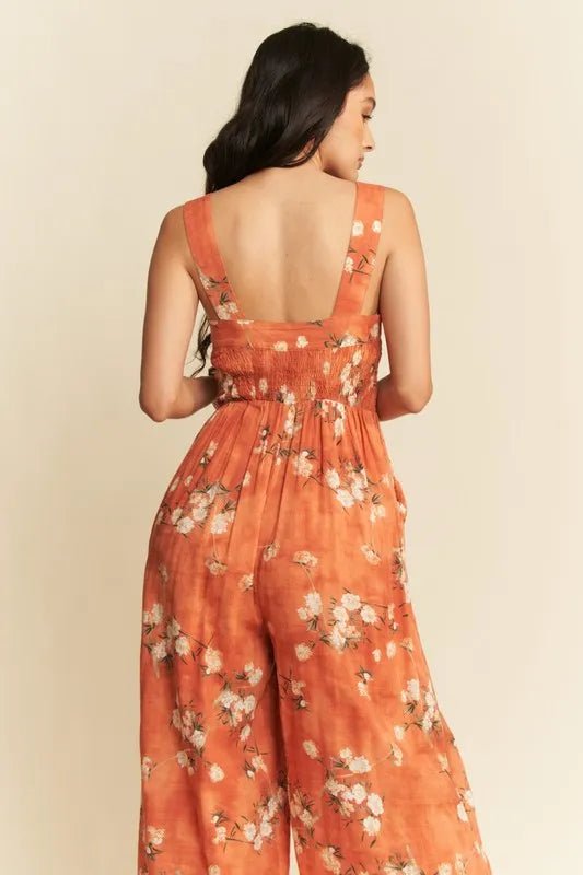 Davi & Dani - Rust Floral Smocked Jumpsuit with Pockets