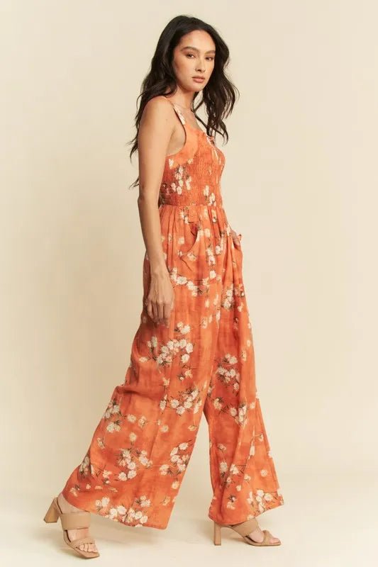Davi & Dani - Rust Floral Smocked Jumpsuit with Pockets