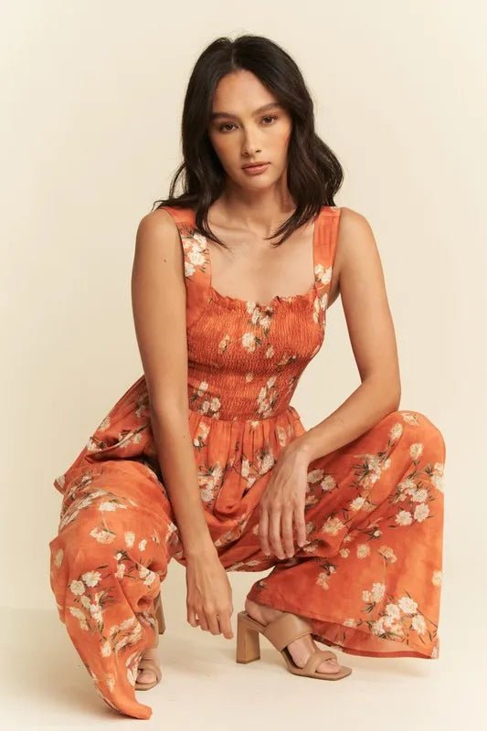 Davi & Dani - Rust Floral Smocked Jumpsuit with Pockets