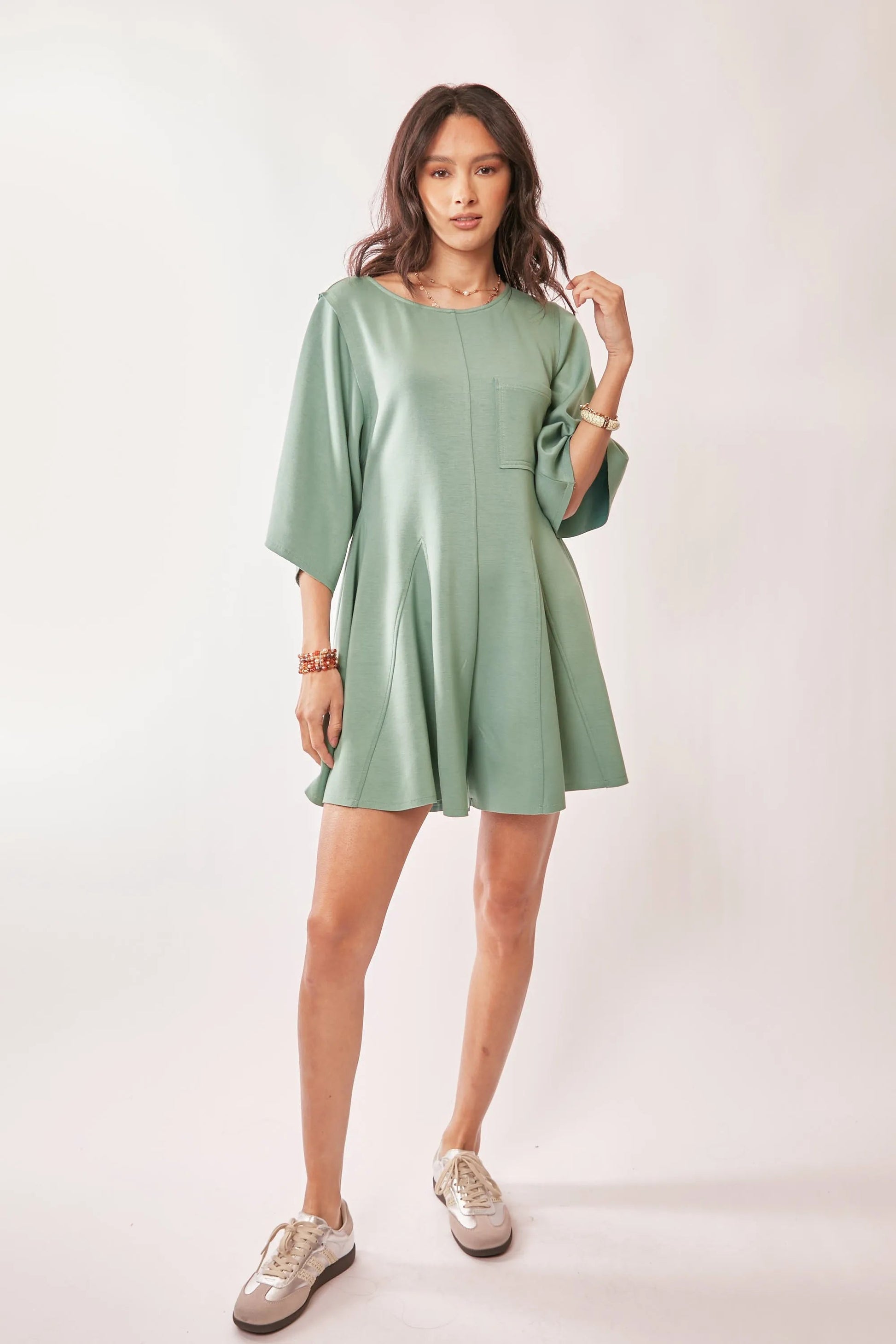 Davi & Dani - Sage Green Wide Sleeve Pleated Romper
