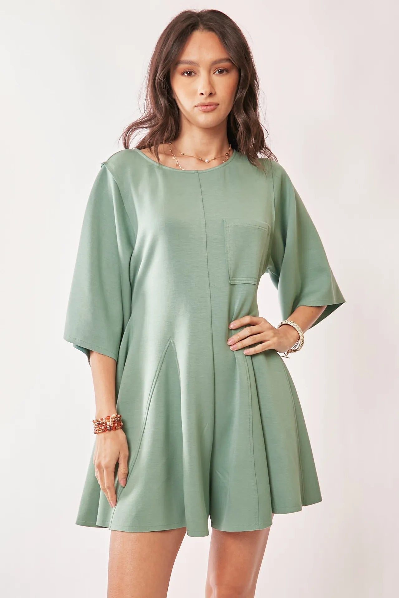 Davi & Dani - Sage Green Wide Sleeve Pleated Romper