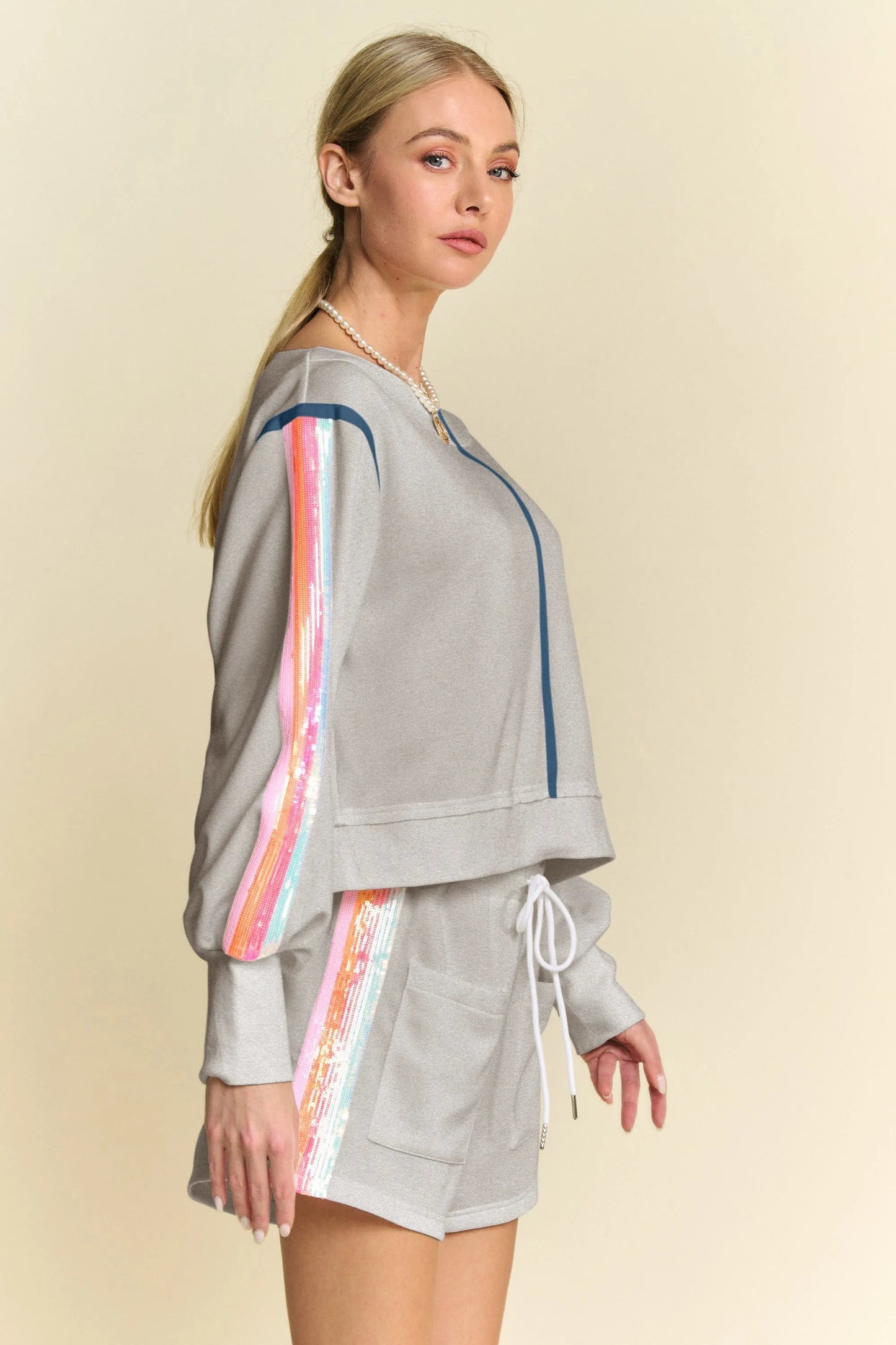 Davi & Dani - Sequin Rainbow Stripe Pullover & Shorts Set – Heather Gray