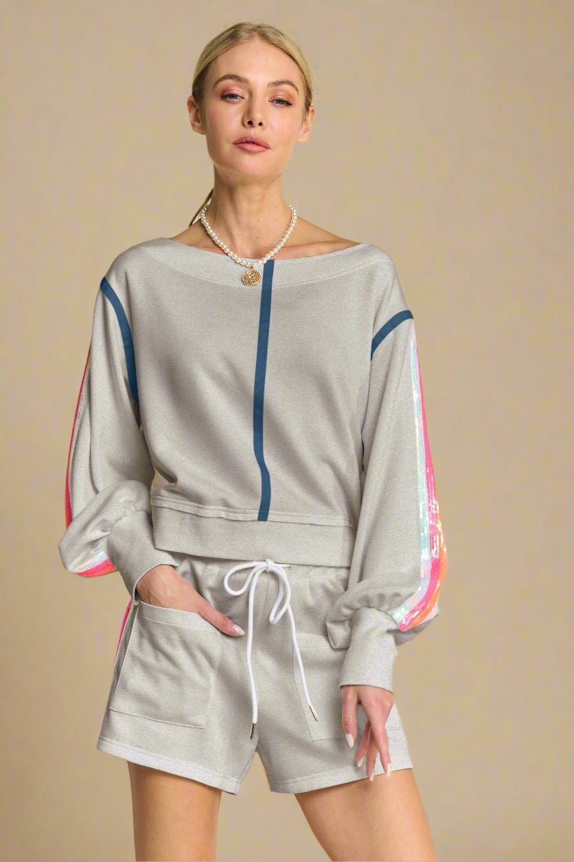 Davi & Dani - Sequin Rainbow Stripe Pullover & Shorts Set – Heather Gray