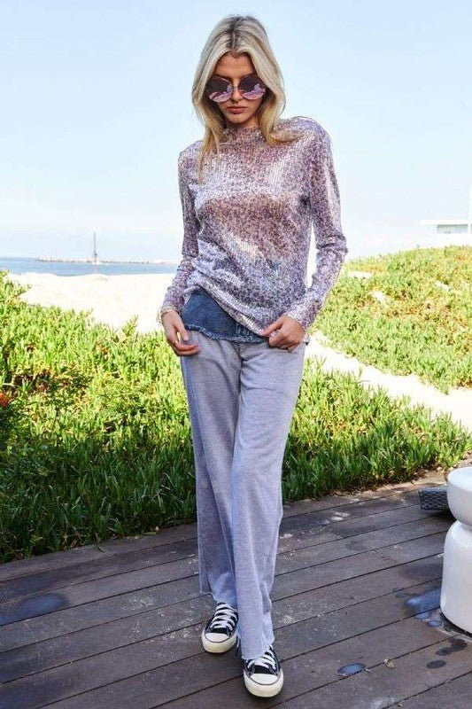 Davi & Dani - Sequined Mock Neck Long Sleeve Top in Lilac