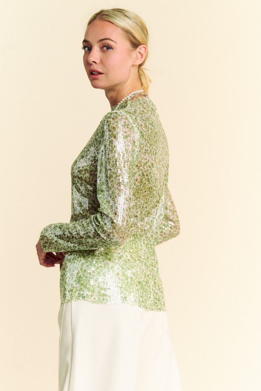 Davi & Dani - Sequined Mock Neck Long Sleeve Top in Sage