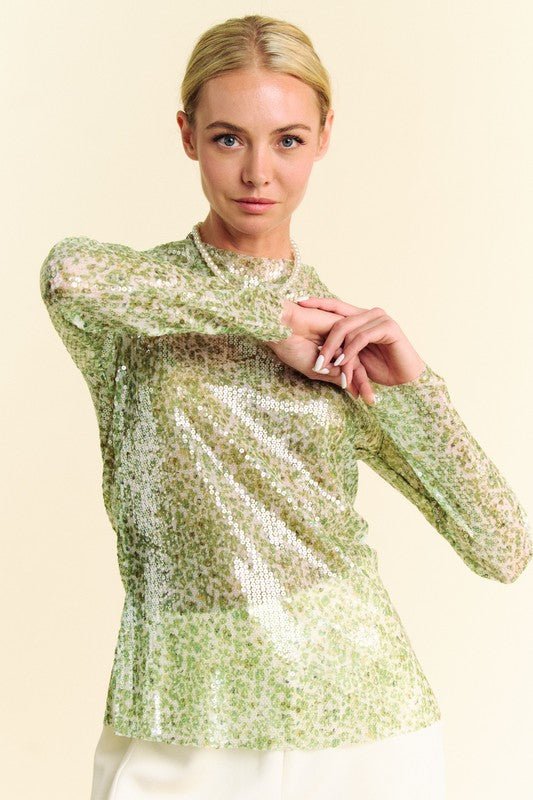 Davi & Dani - Sequined Mock Neck Long Sleeve Top in Sage