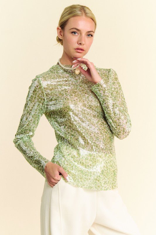 Davi & Dani - Sequined Mock Neck Long Sleeve Top in Sage