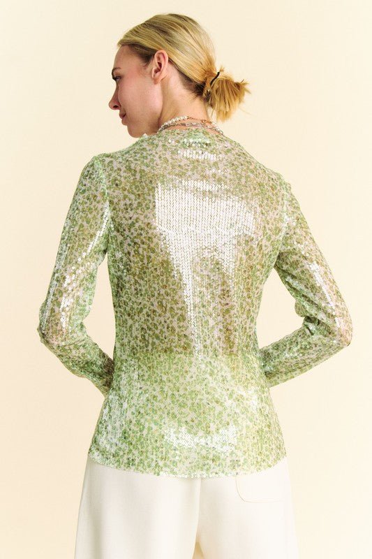 Davi & Dani - Sequined Mock Neck Long Sleeve Top in Sage