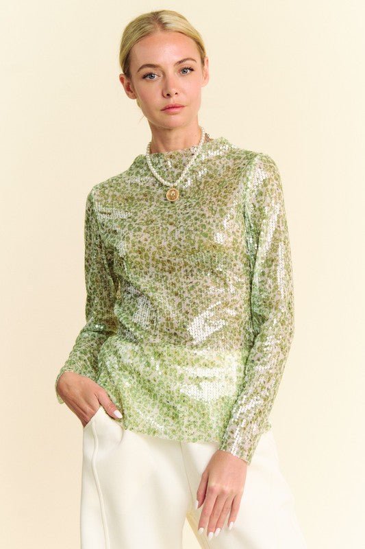 Davi & Dani - Sequined Mock Neck Long Sleeve Top in Sage