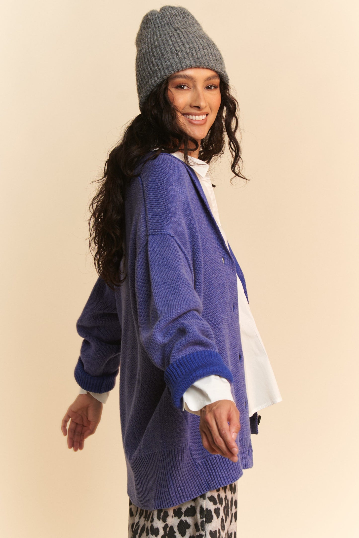 Davi & Dani - Shawl Collar Button Up Cardigan in Azure