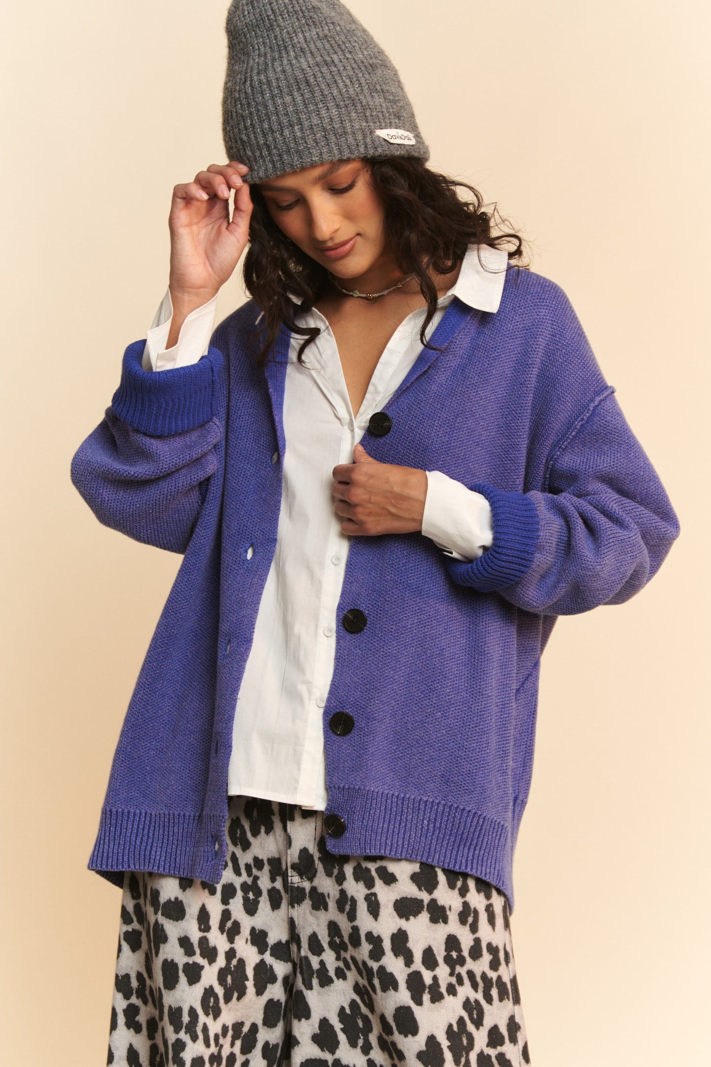 Davi & Dani - Shawl Collar Button Up Cardigan in Azure