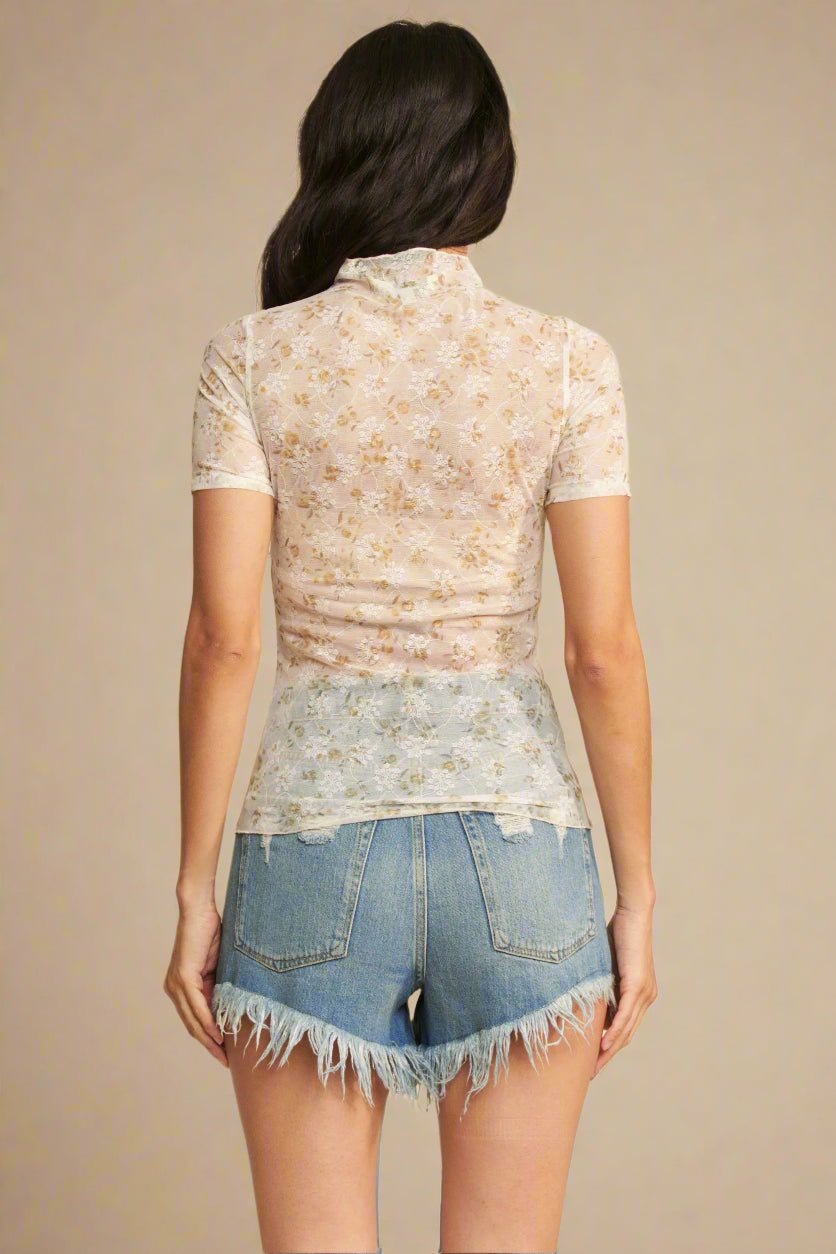 Davi & Dani - Sheer Floral Mock Neck Short Sleeve Top – Beige