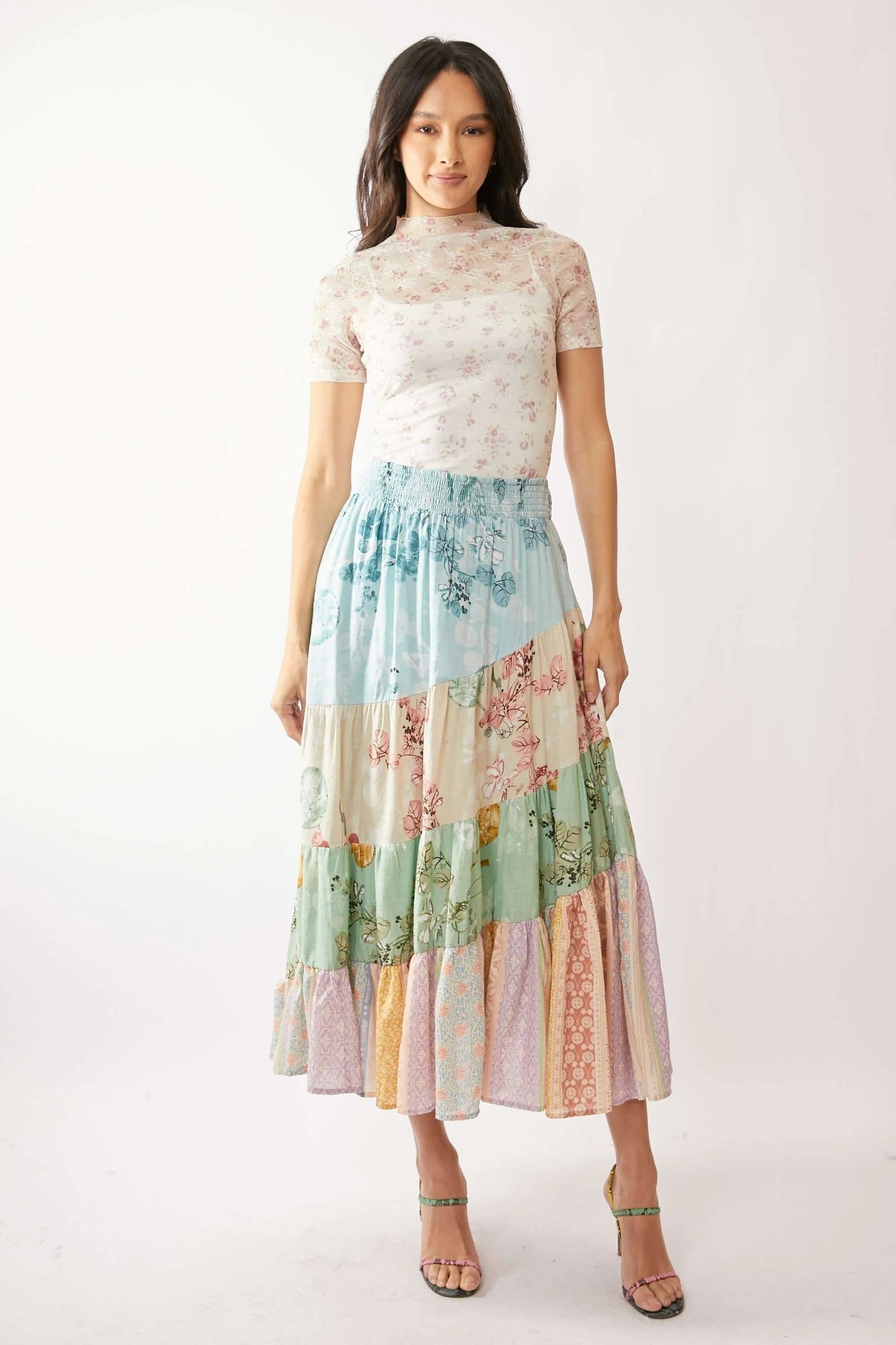 Davi & Dani - Sheer Floral Mock Neck Short Sleeve Top – Ivory & Pink