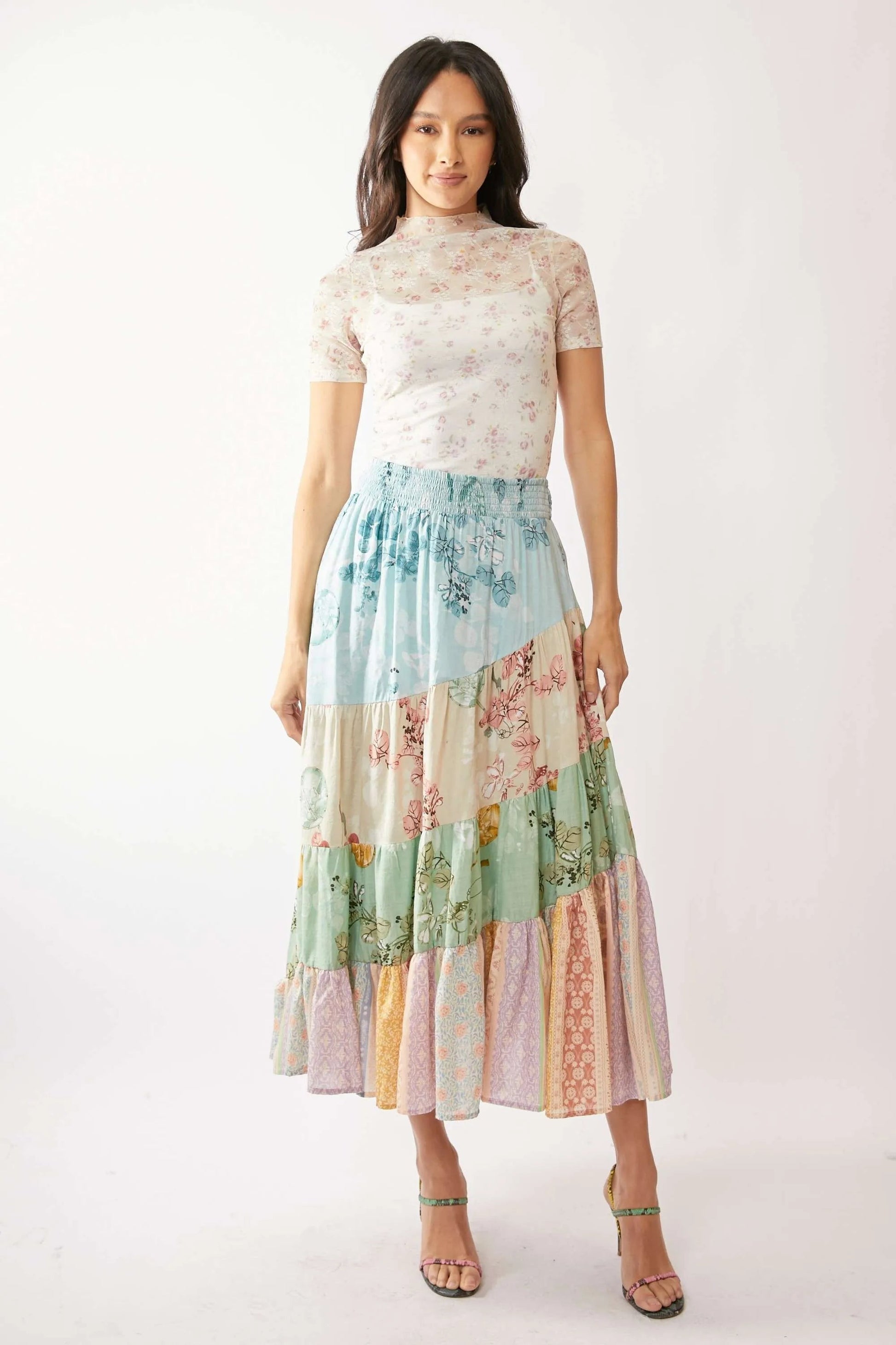 Davi & Dani - Sheer Floral Mock Neck Short Sleeve Top – Ivory & Pink