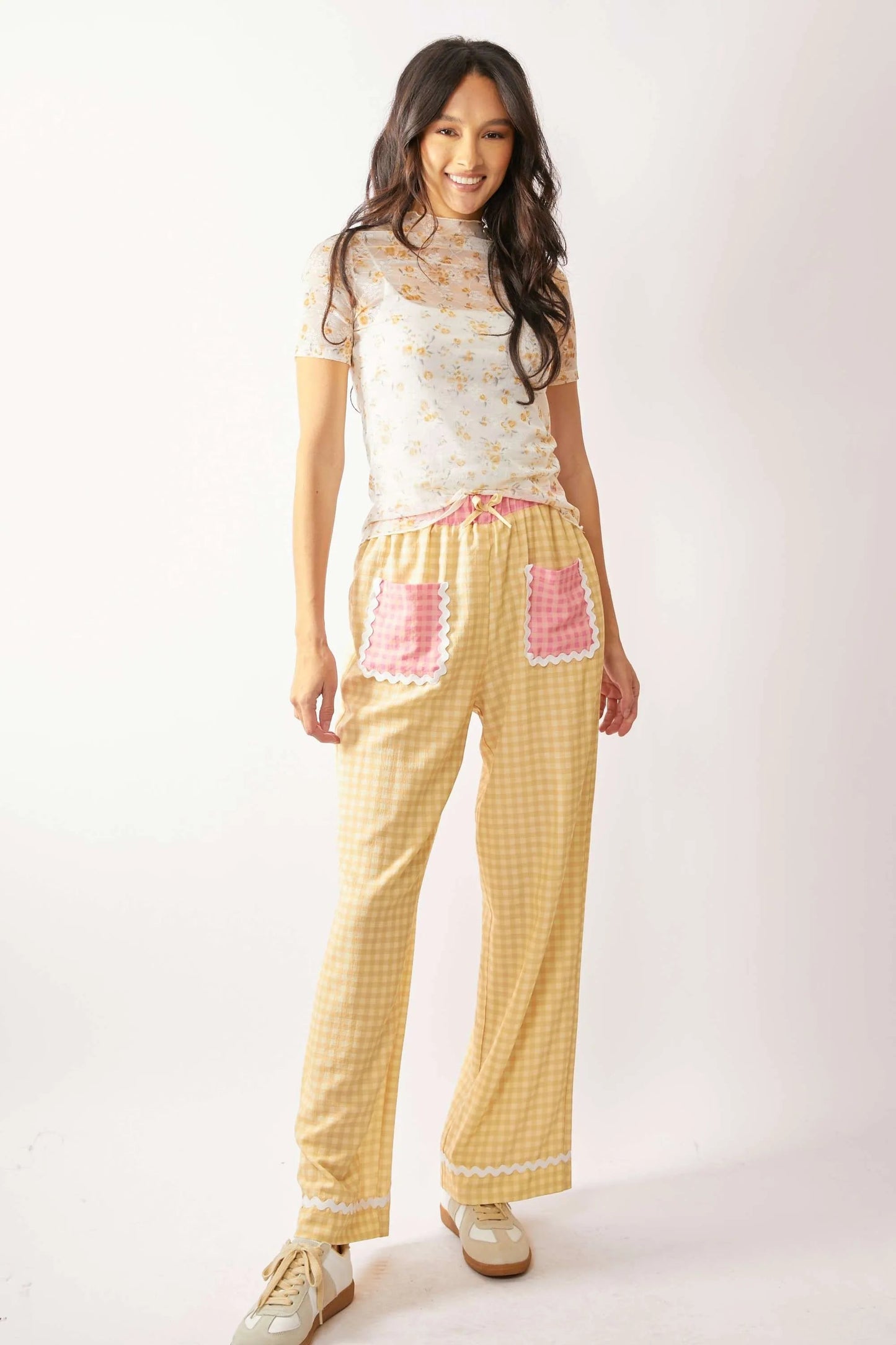 Davi & Dani - Sheer Floral Mock Neck Short Sleeve Top – Ivory & Yellow