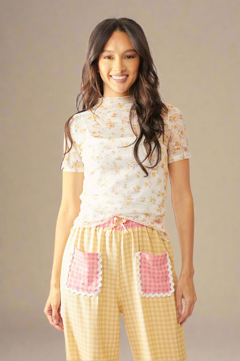 Davi & Dani - Sheer Floral Mock Neck Short Sleeve Top – Ivory & Yellow