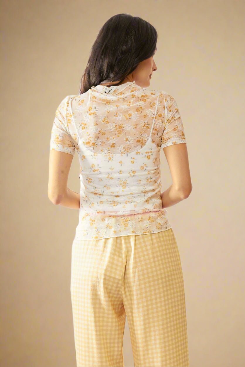 Davi & Dani - Sheer Floral Mock Neck Short Sleeve Top – Ivory & Yellow