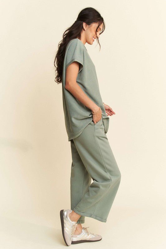 Davi & Dani - Short Sleeve Top and Pants Set in Olive Sage