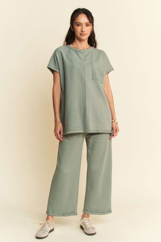 Davi & Dani - Short Sleeve Top and Pants Set in Olive Sage