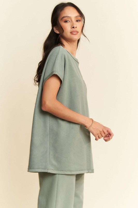 Davi & Dani - Short Sleeve Top and Pants Set in Olive Sage