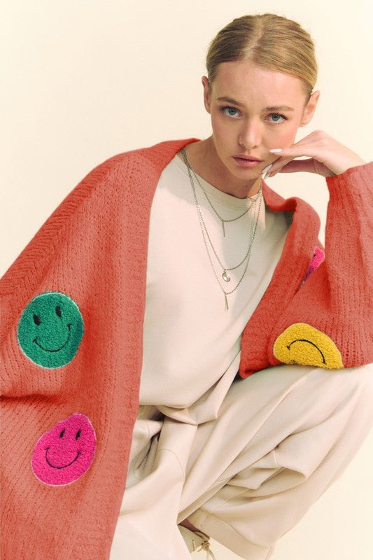 Davi & Dani - Smiley Face Open Front Cardigan in Rust