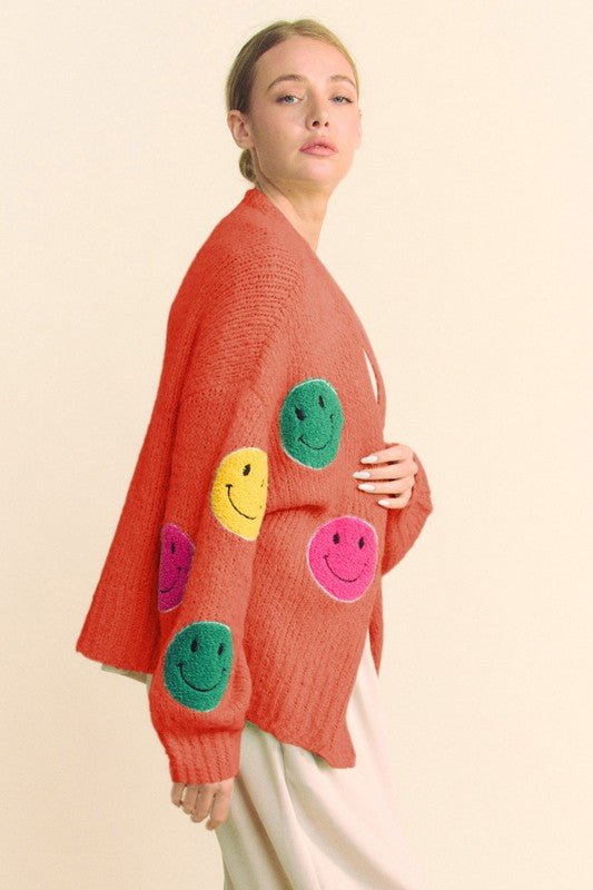 Davi & Dani - Smiley Face Open Front Cardigan in Rust