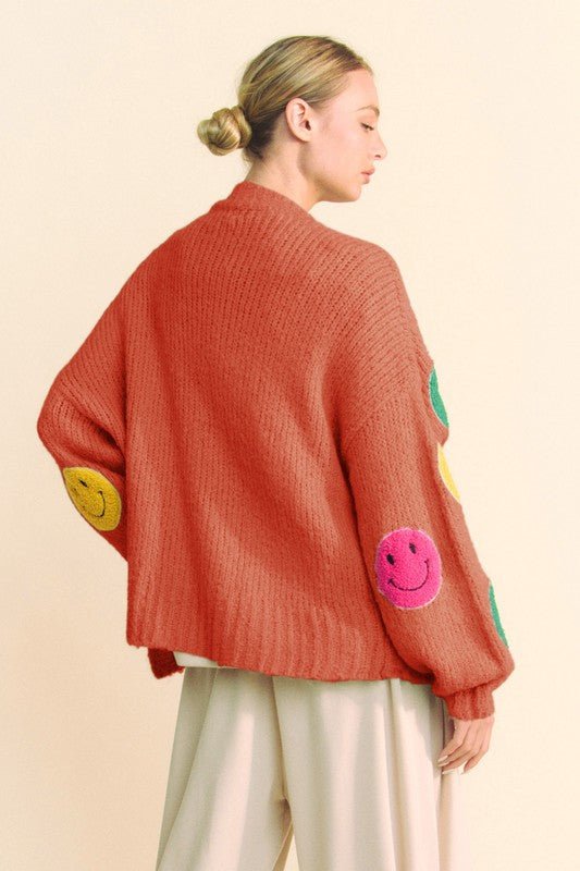 Davi & Dani - Smiley Face Open Front Cardigan in Rust