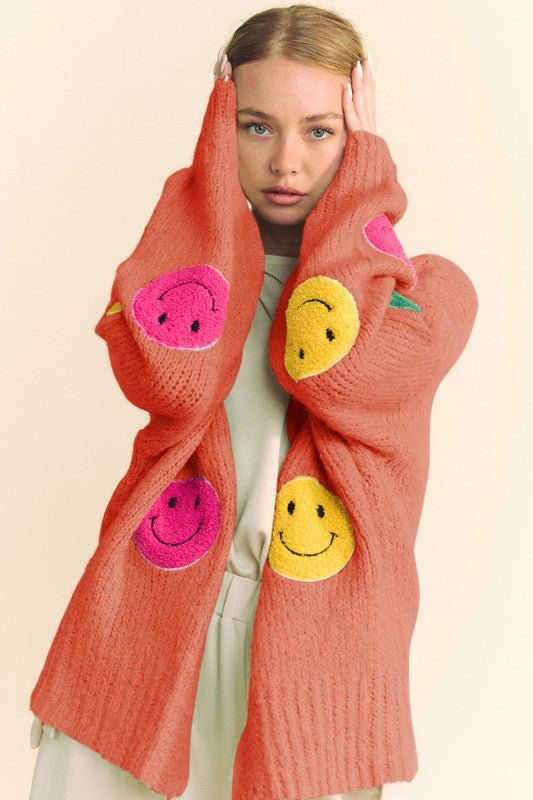 Davi & Dani - Smiley Face Open Front Cardigan in Rust