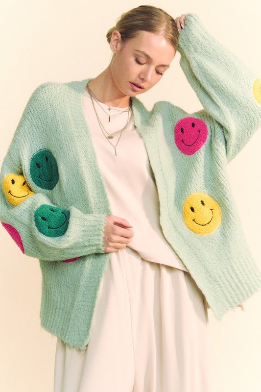 Davi & Dani - Smiley Face Open Front Cardigan in Sage