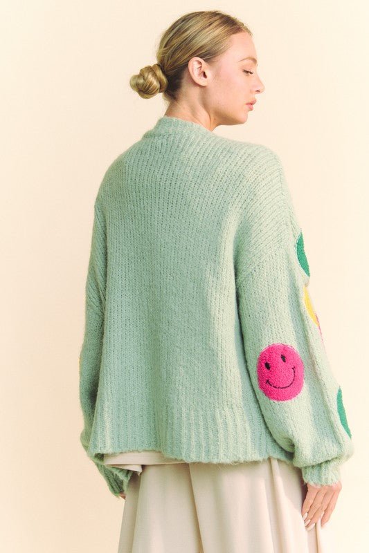 Davi & Dani - Smiley Face Open Front Cardigan in Sage