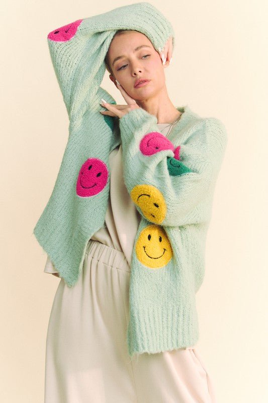 Davi & Dani - Smiley Face Open Front Cardigan in Sage