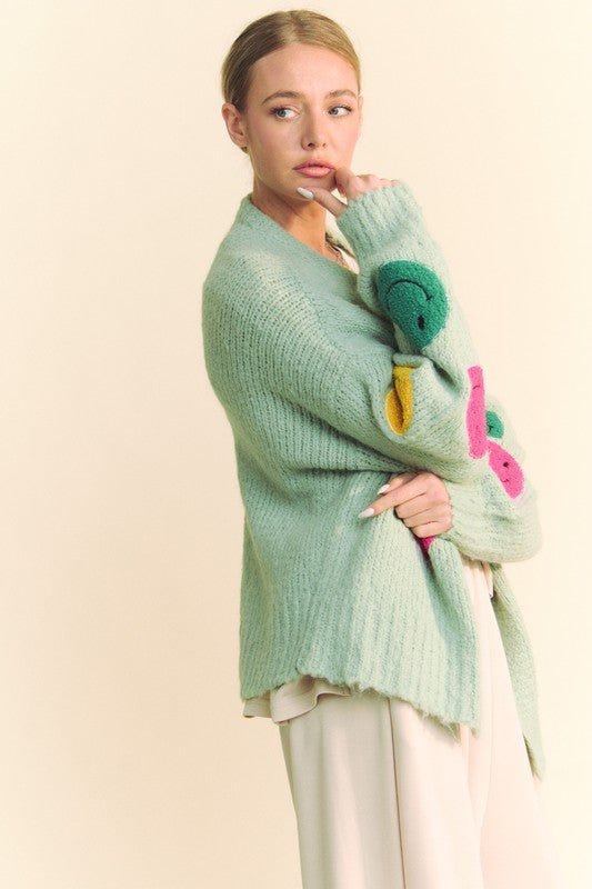 Davi & Dani - Smiley Face Open Front Cardigan in Sage