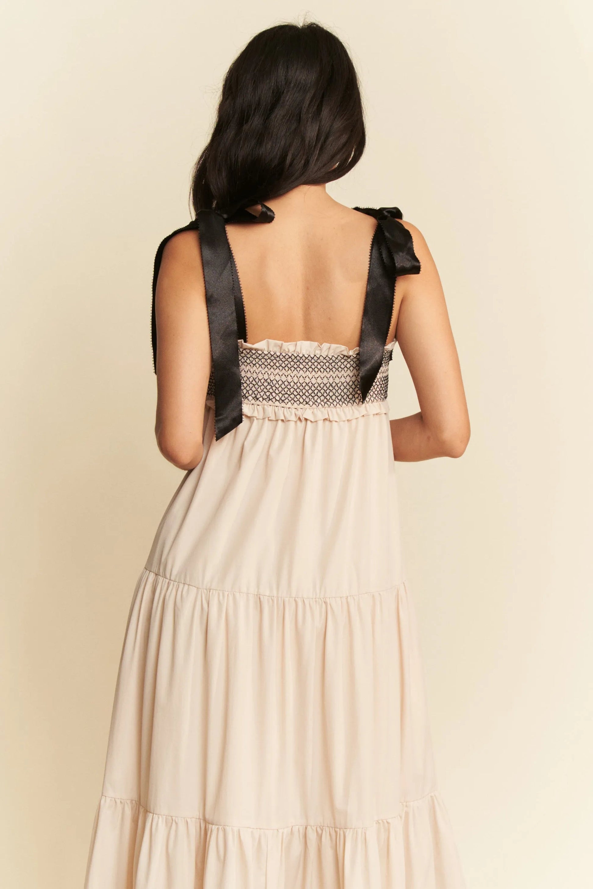 Davi & Dani - Smocked Bodice Tiered Maxi Dress – Cream & Black