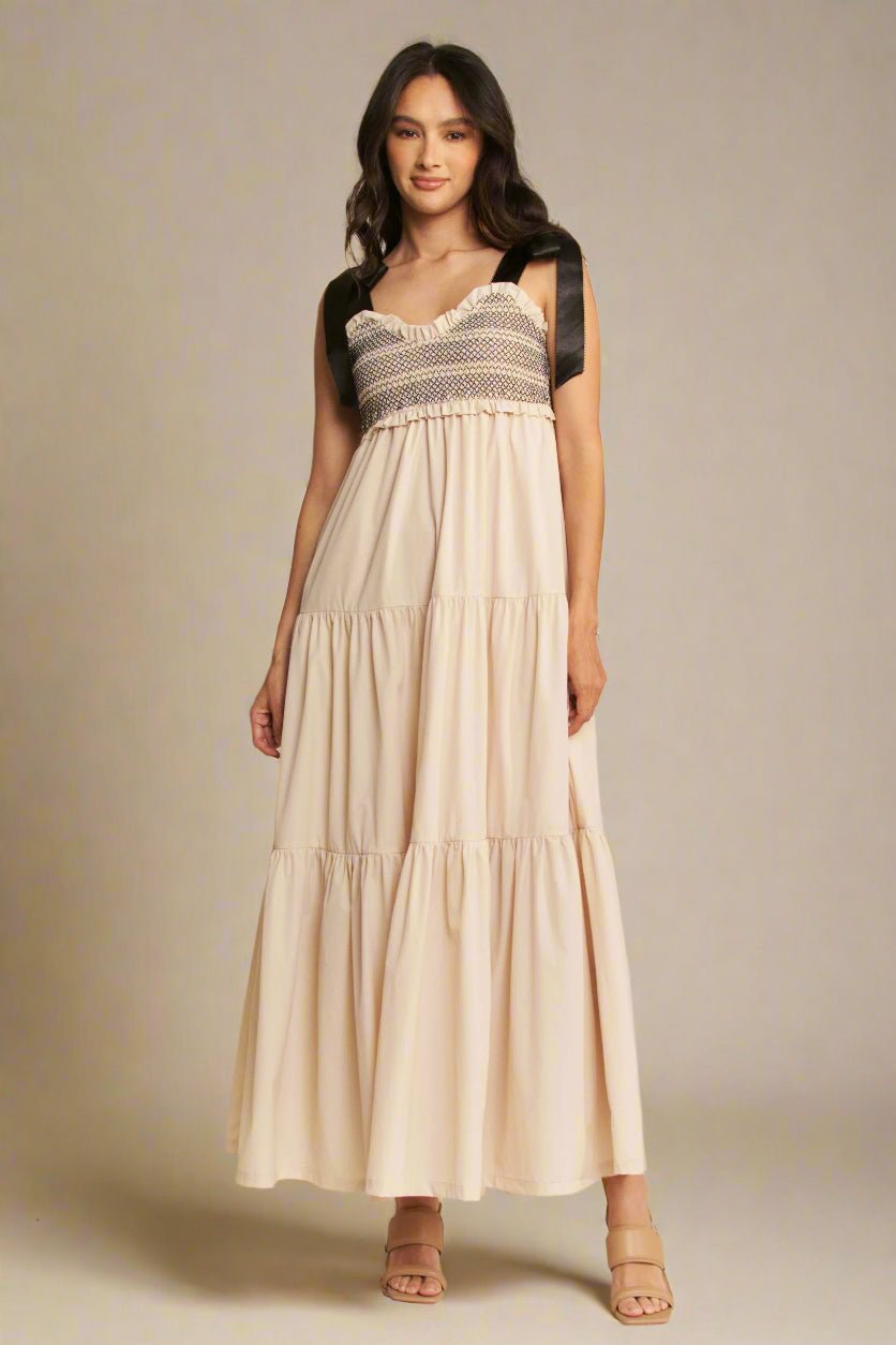 Davi & Dani - Smocked Bodice Tiered Maxi Dress – Cream & Black