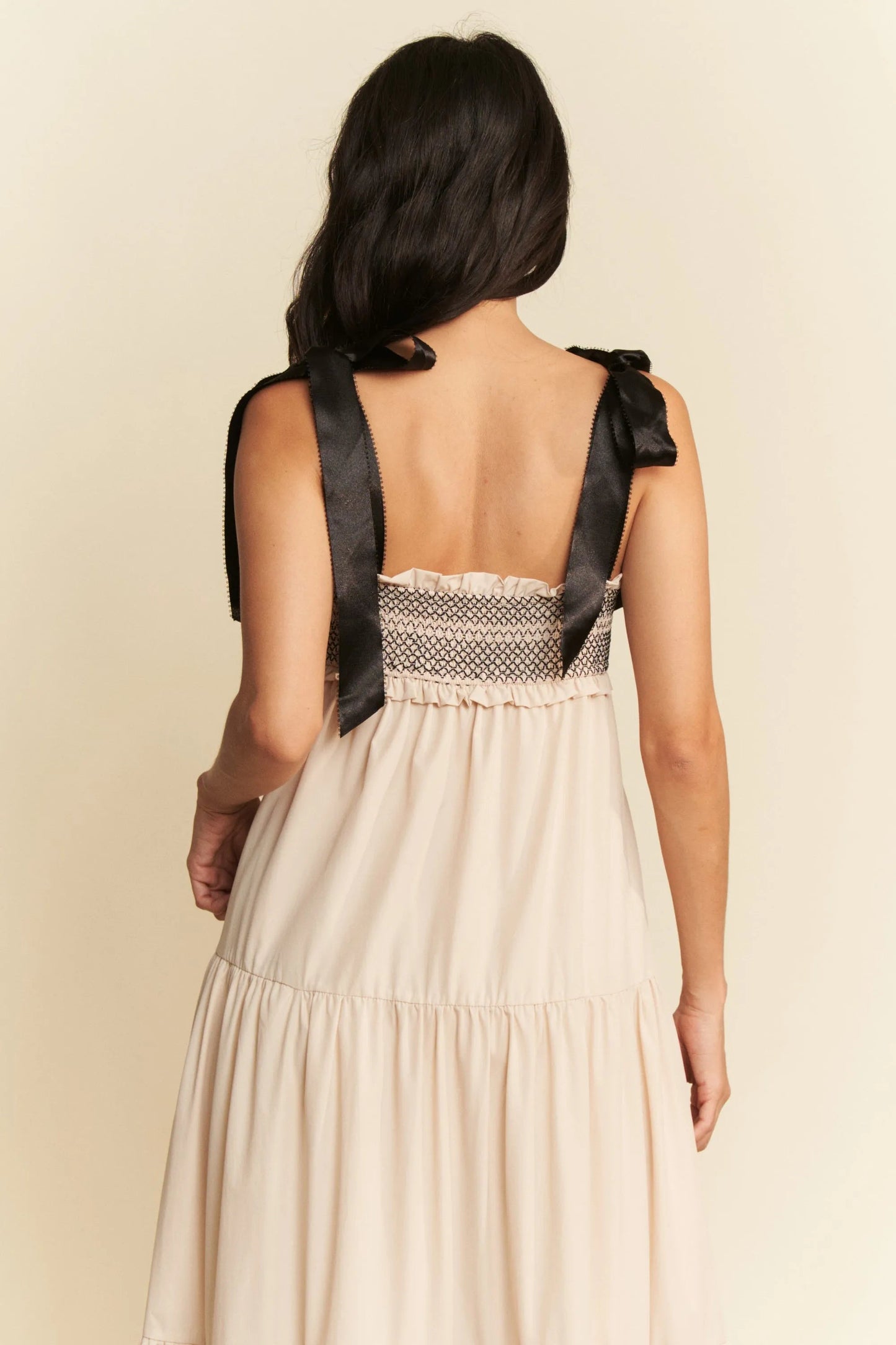 Davi & Dani - Smocked Bodice Tiered Maxi Dress – Cream & Black