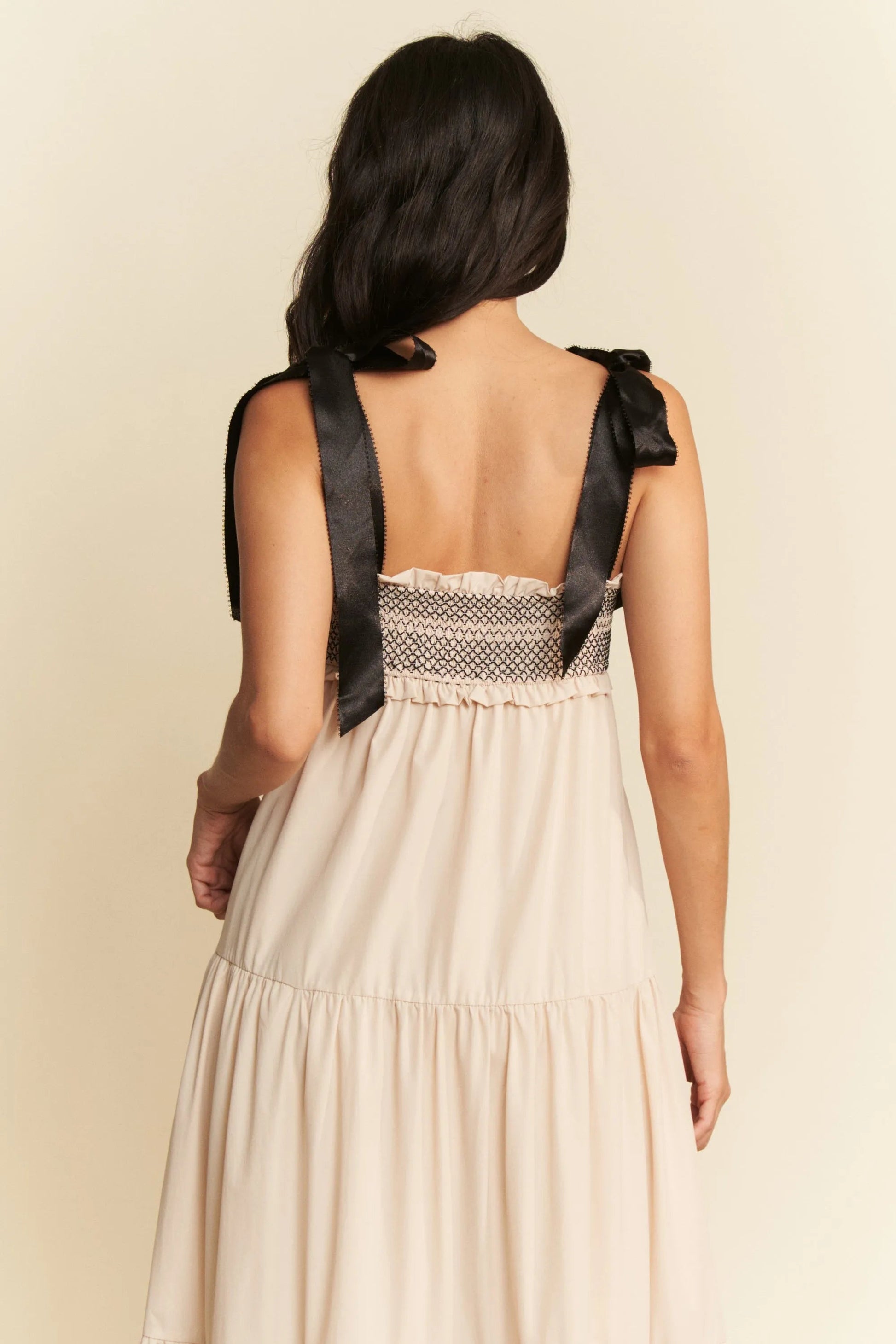 Davi & Dani - Smocked Bodice Tiered Maxi Dress – Cream & Black