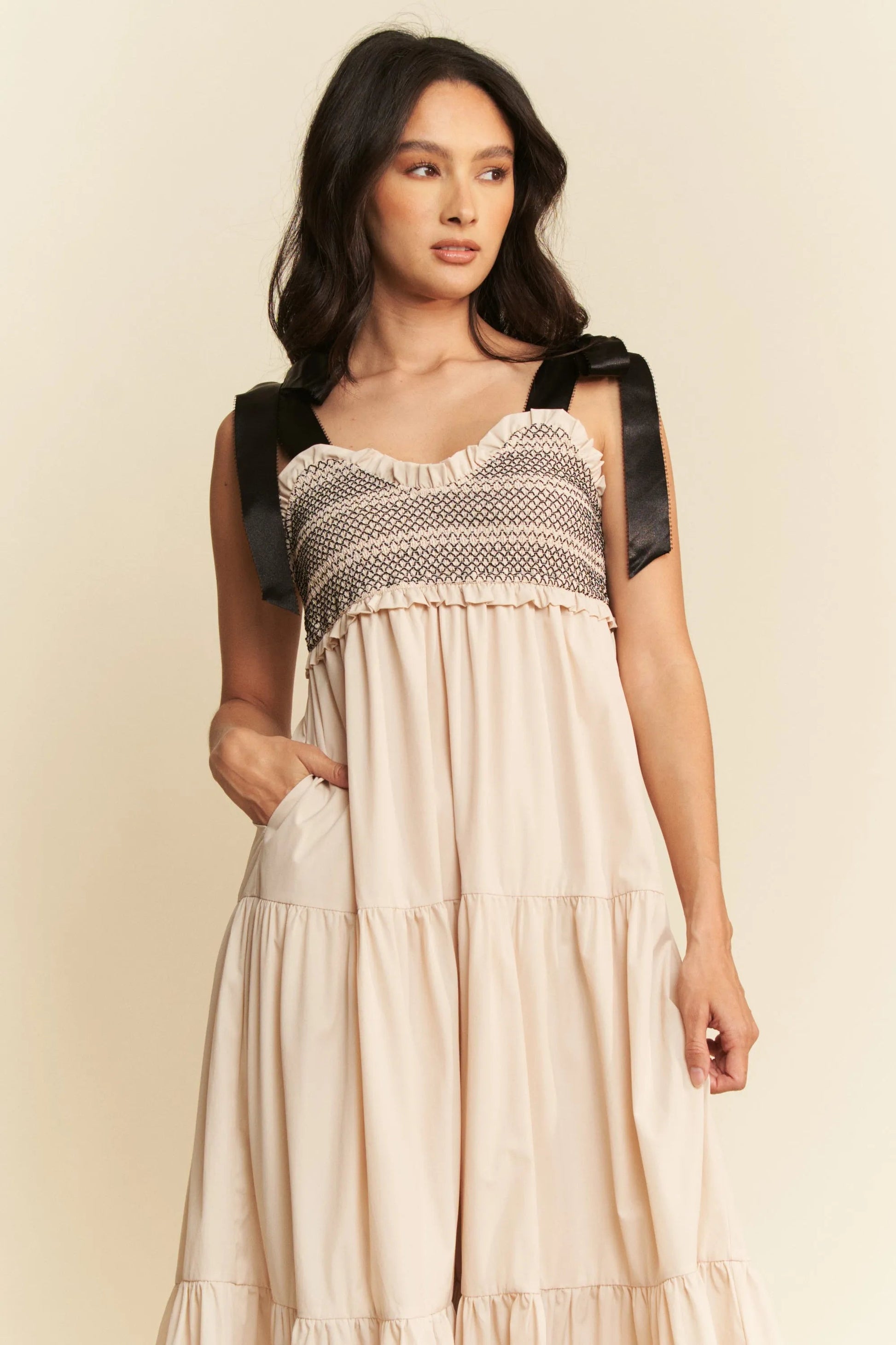 Davi & Dani - Smocked Bodice Tiered Maxi Dress – Cream & Black