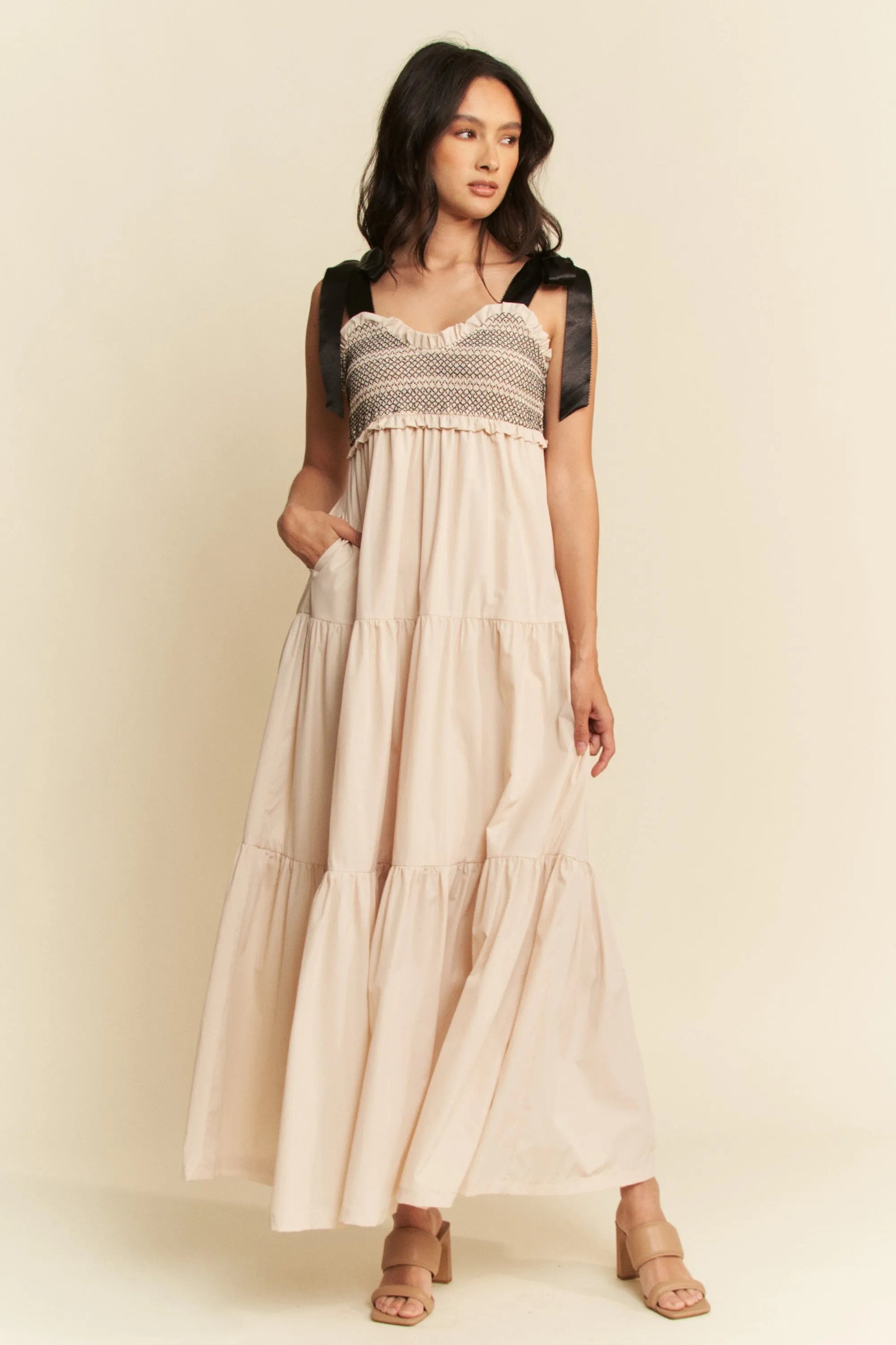 Davi & Dani - Smocked Bodice Tiered Maxi Dress – Cream & Black