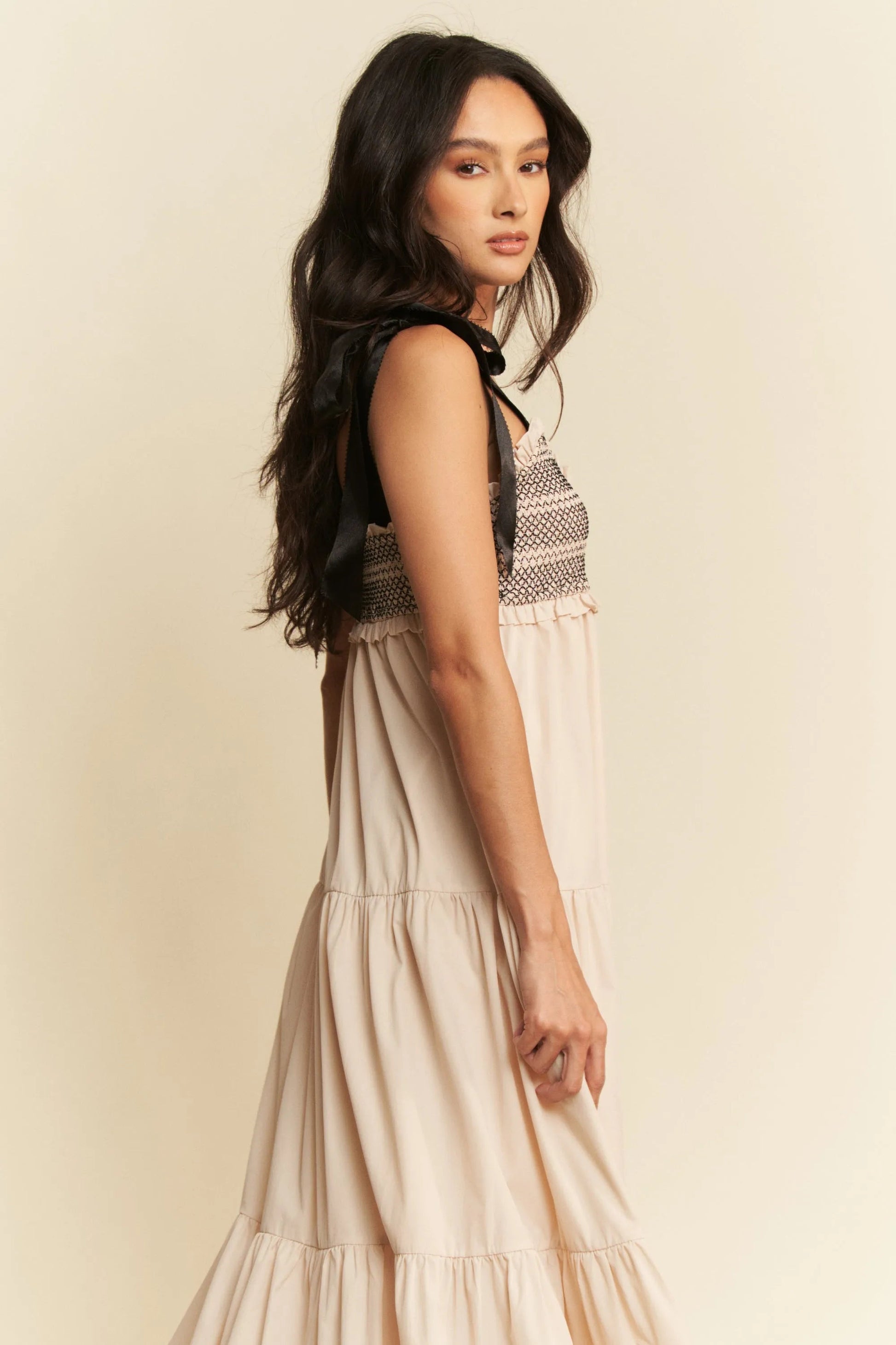 Davi & Dani - Smocked Bodice Tiered Maxi Dress – Cream & Black