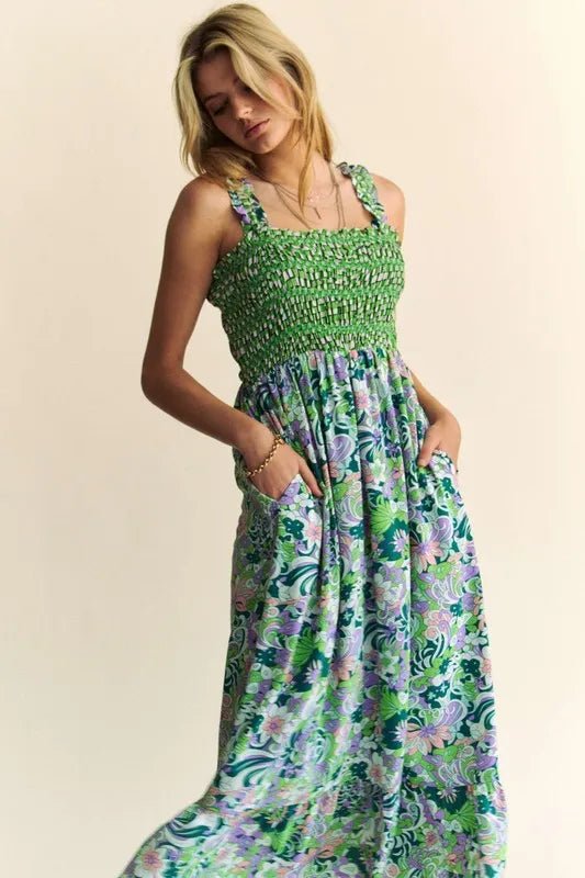 DAVI & DANI Smocked Floral Midi Dress – Green & Lavender Print – Beach Rose  Co