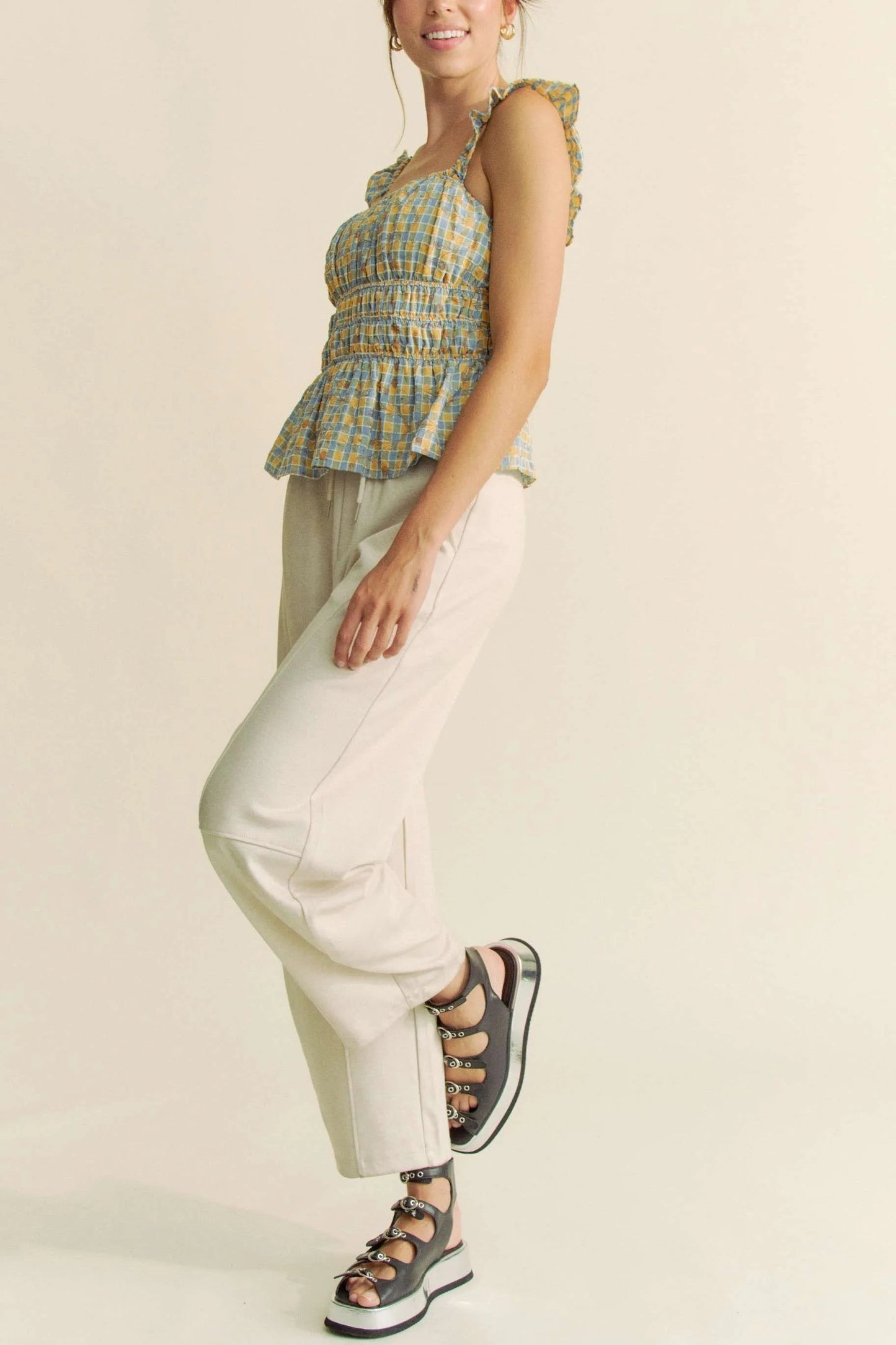 Davi & Dani - Smocked Ruffle Strap Peplum Top – Blue & Yellow Check