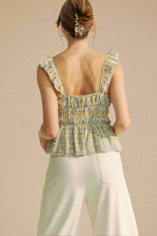 Davi & Dani - Smocked Ruffle Strap Peplum Top – Blue & Yellow Check