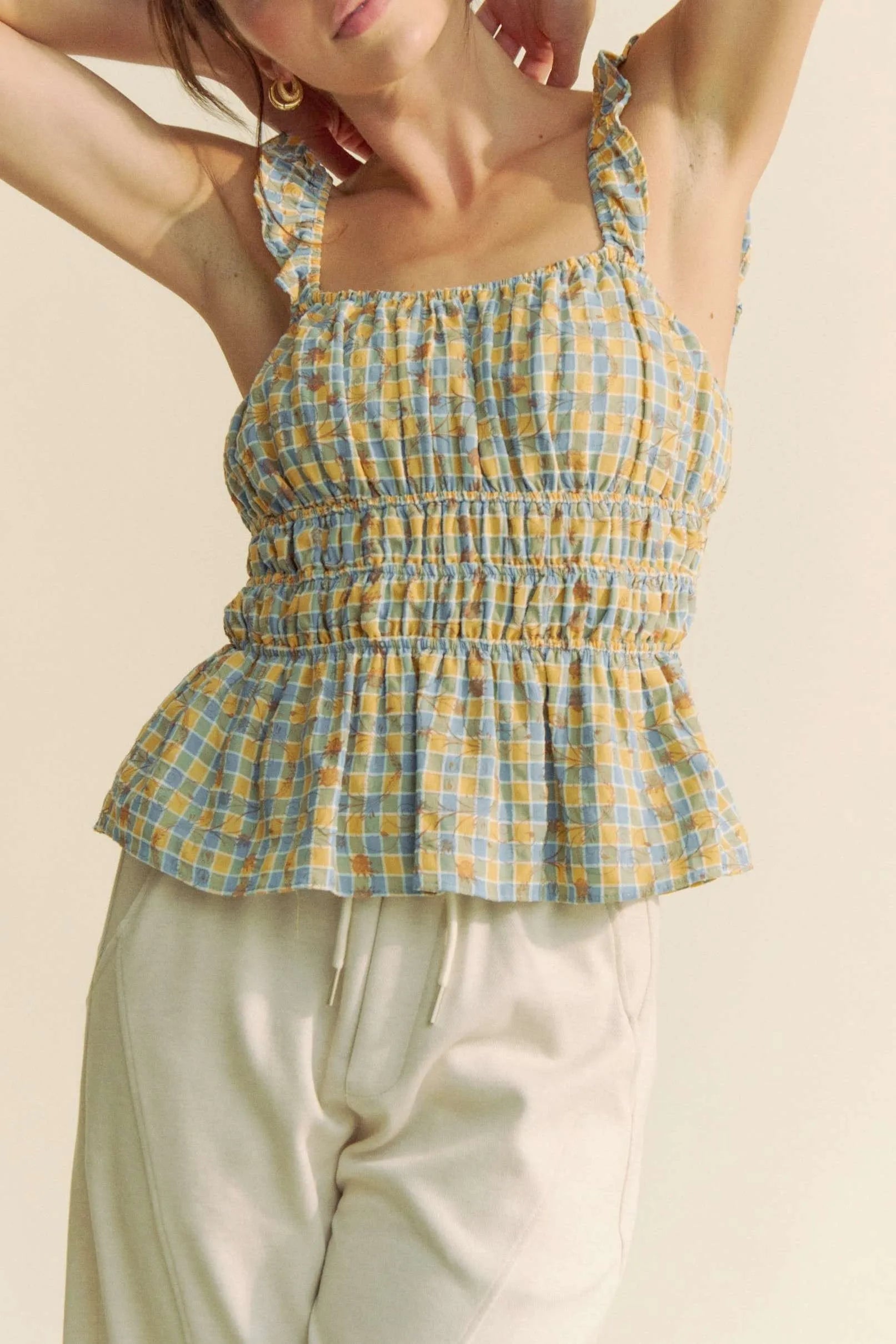 Davi & Dani - Smocked Ruffle Strap Peplum Top – Blue & Yellow Check
